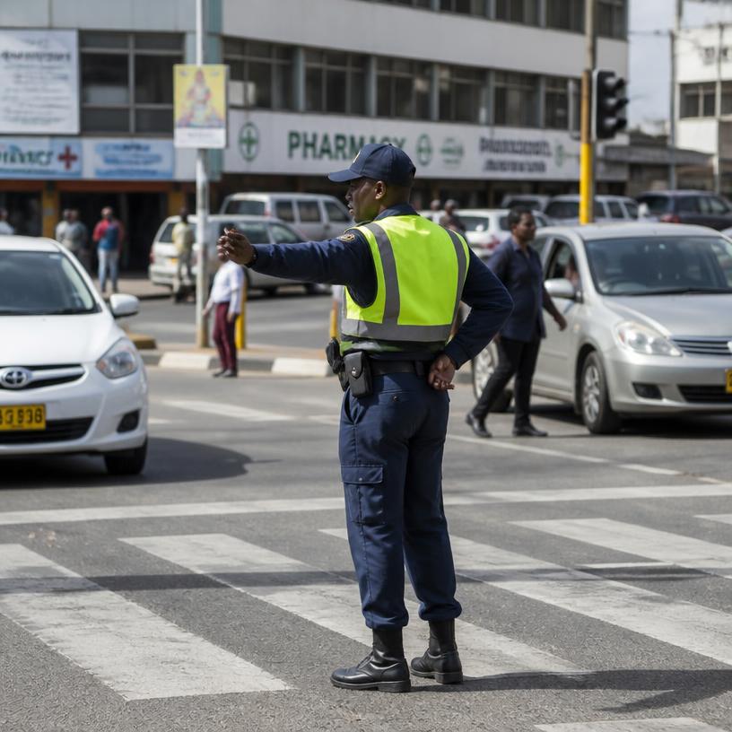 Traffic officer in a reflective vest directing vehicles at a marked pedestrian crossing on a Zimbabwean city street.
