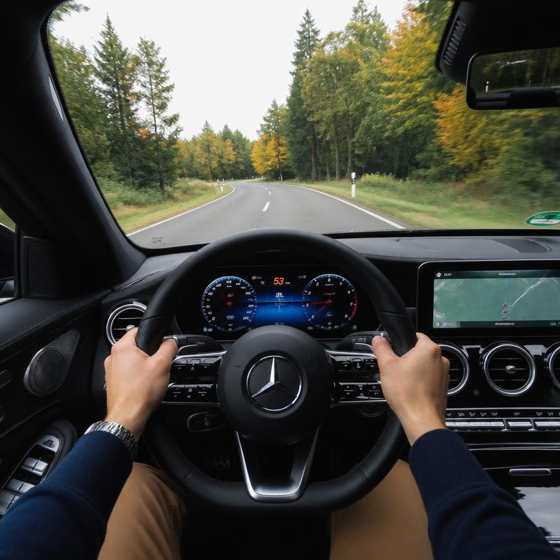 View from the driver's seat showing both hands correctly placed on the steering wheel with the road ahead.