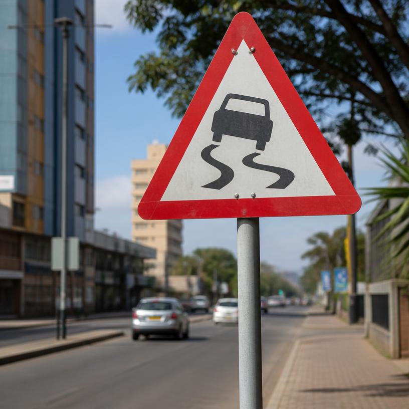 Red-bordered triangular slippery road warning sign on a pole beside a Zimbabwean city street.