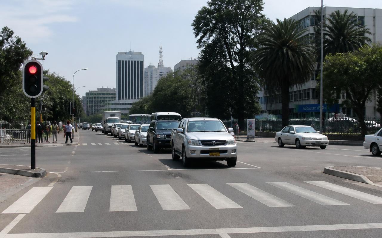 Vehicles queuing in the left lane at a red traffic light in Harare with a zebra crossing in the foreground.