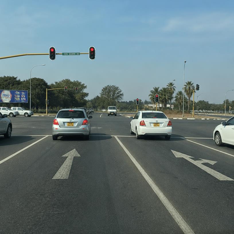 Driver's view of a Zimbabwean signalised intersection with painted lane arrows and stopped vehicles.
