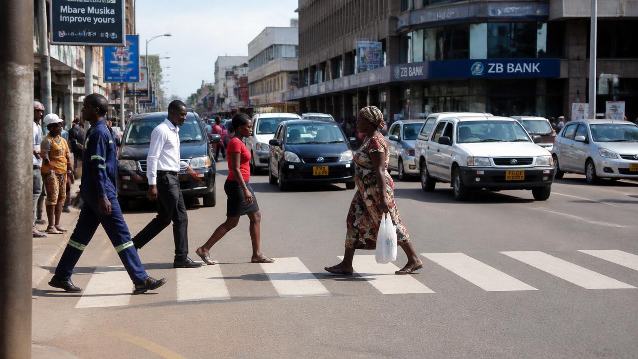 Pedestrians walking across a marked zebra crossing in a Zimbabwean city centre while vehicles wait.