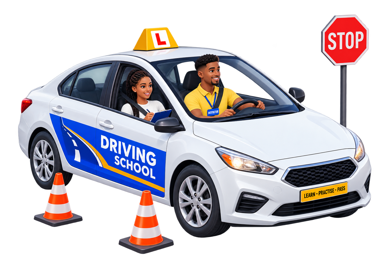 Learner driver and instructor in a driving-school car beside a stop sign and traffic cones