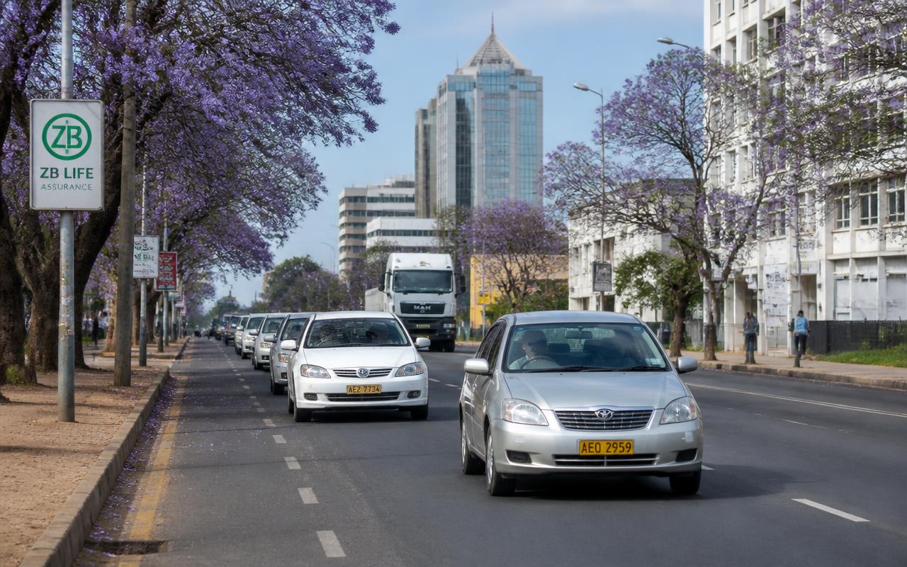 Vehicles travelling on the left of a jacaranda-lined Harare avenue with white lane markings.