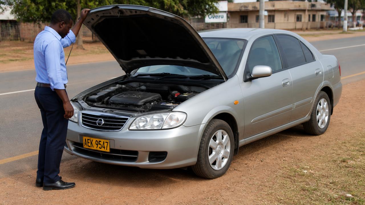 Driver inspecting the engine bay of a silver sedan with Zimbabwean number plates at the roadside.
