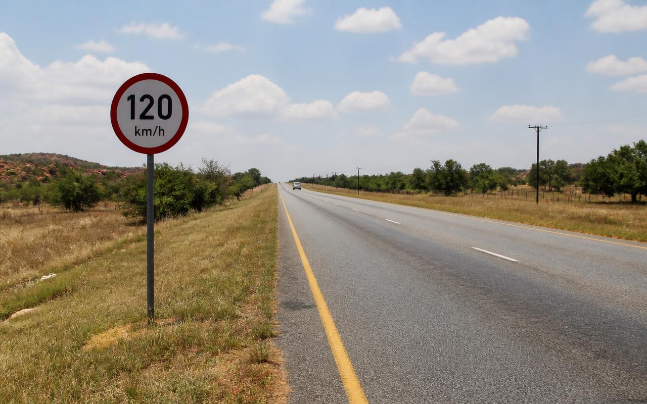 Long straight Zimbabwean highway beside a circular 120 km/h speed limit sign.