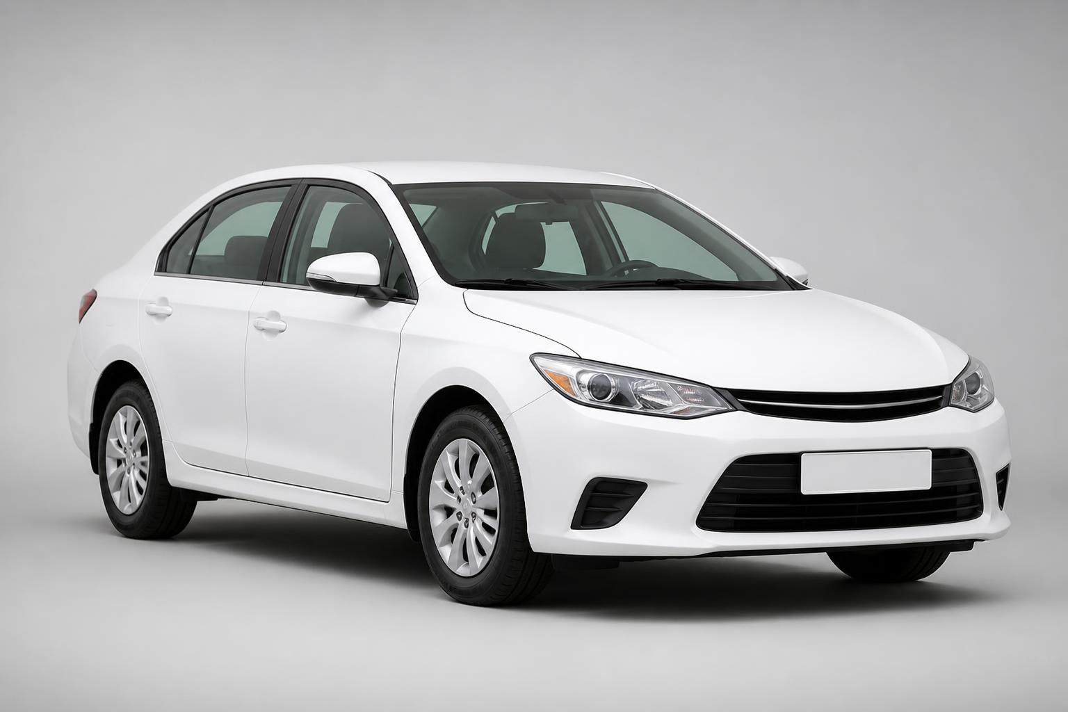 Modern white sedan photographed from the front-left for a walk-around check